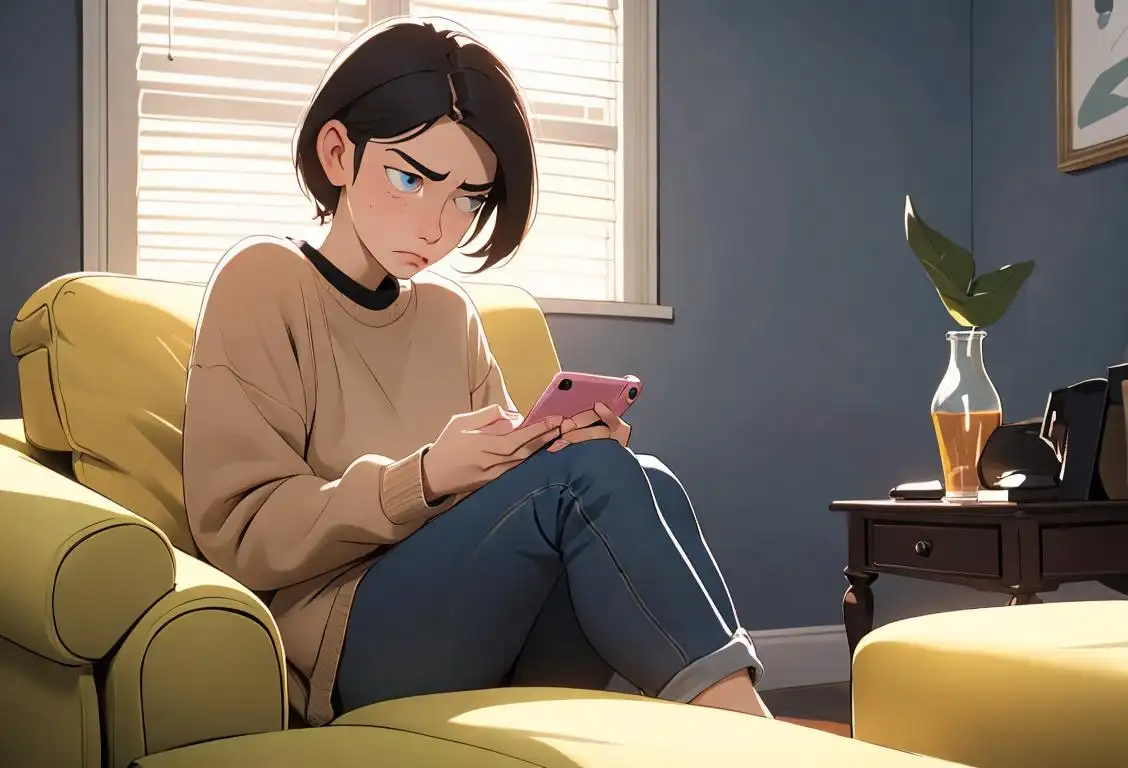 A person sitting by a phone with sad expression, surrounded by floating text bubbles, wearing casual clothes in a cozy living room..