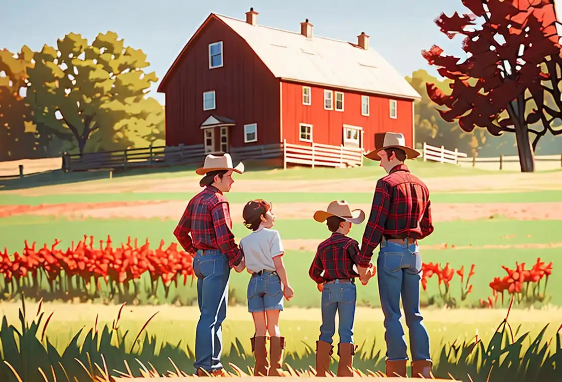 A family gathering in Nebraska, with people wearing plaid shirts, denim jeans, and cowboy boots, surrounded by beautiful fields and red barns..