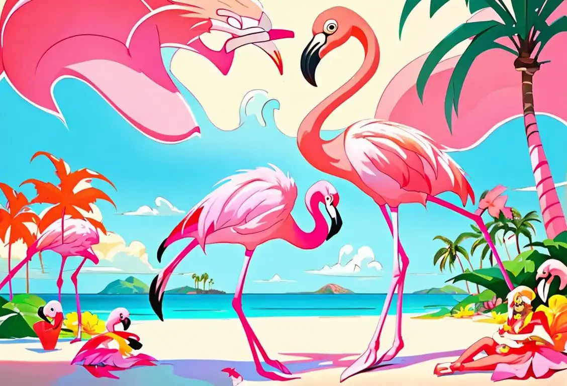 Flamingo enthusiasts in colorful outfits, dancing in a tropical paradise surrounded by palm trees and vibrant flowers..