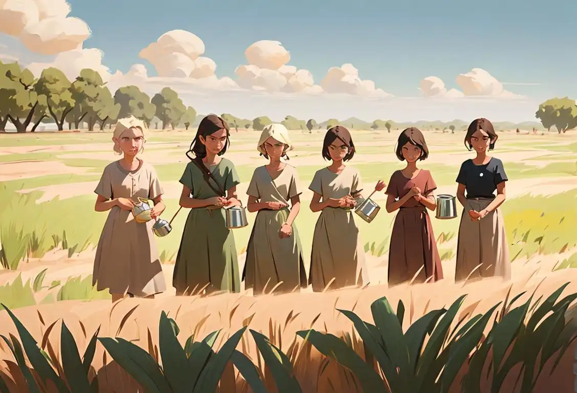 A group of diverse individuals standing together in a dry field, wearing summer clothes and holding watering cans, showcasing unity and determination against drought..