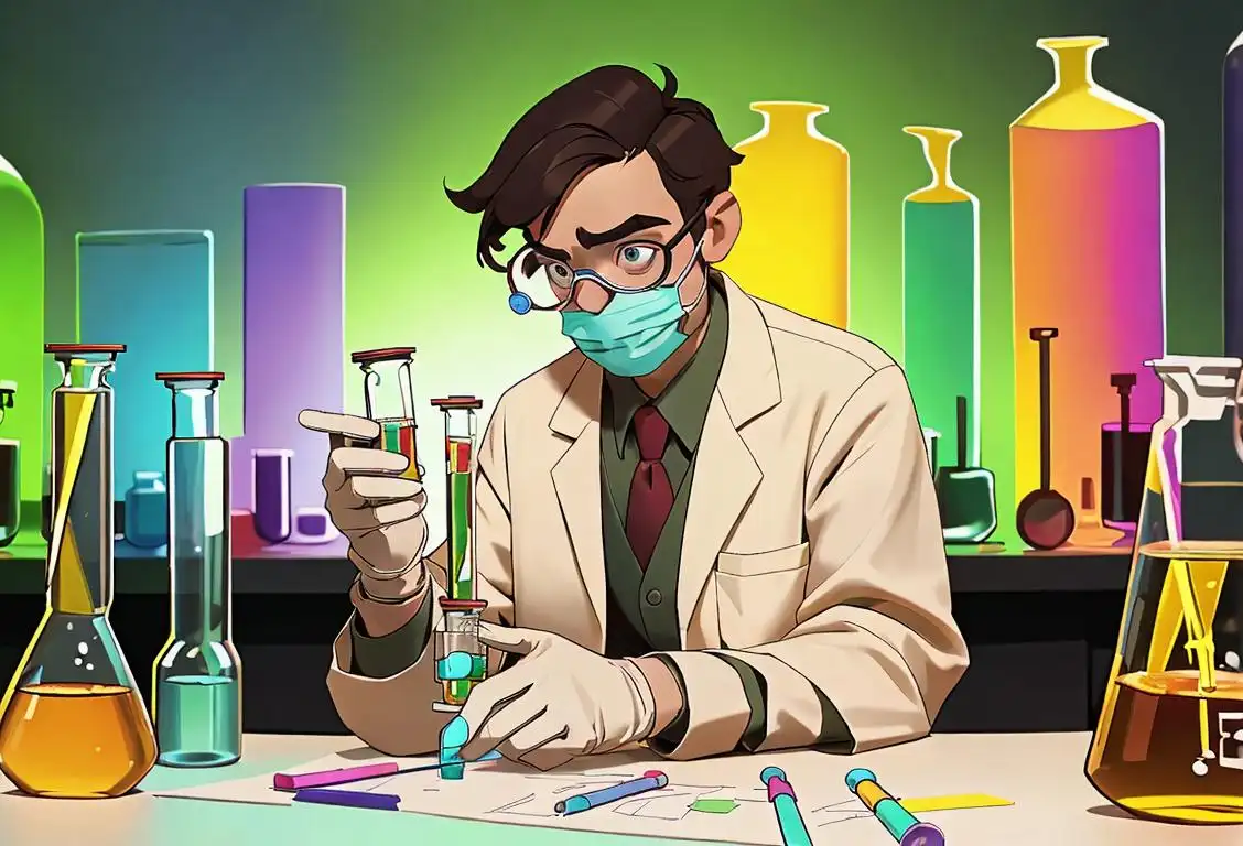 Scientist in lab coat conducting an experiment, wearing safety goggles and gloves, surrounded by colorful test tubes and beakers..