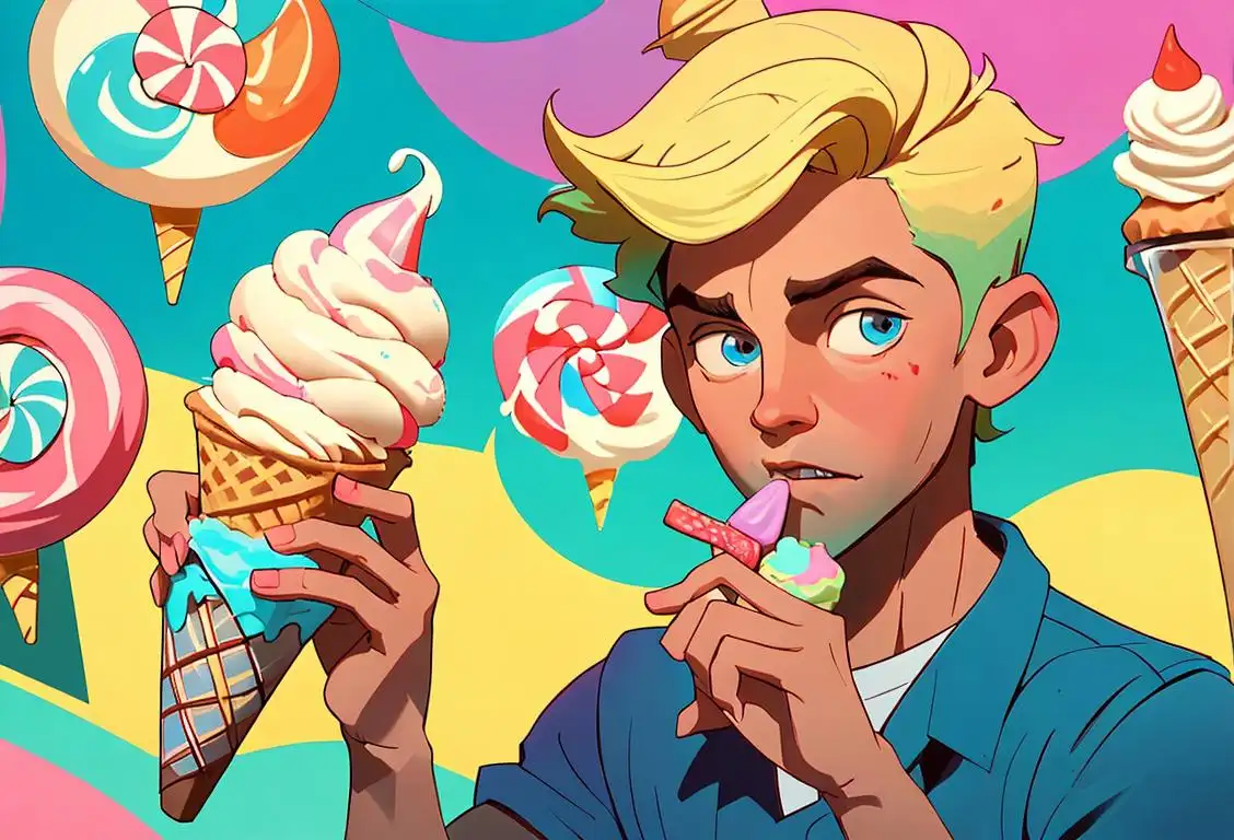 Young boy enjoying a cone of ice cream covered with colorful candies and toppings, wearing a retro outfit, vintage ice cream parlor setting..