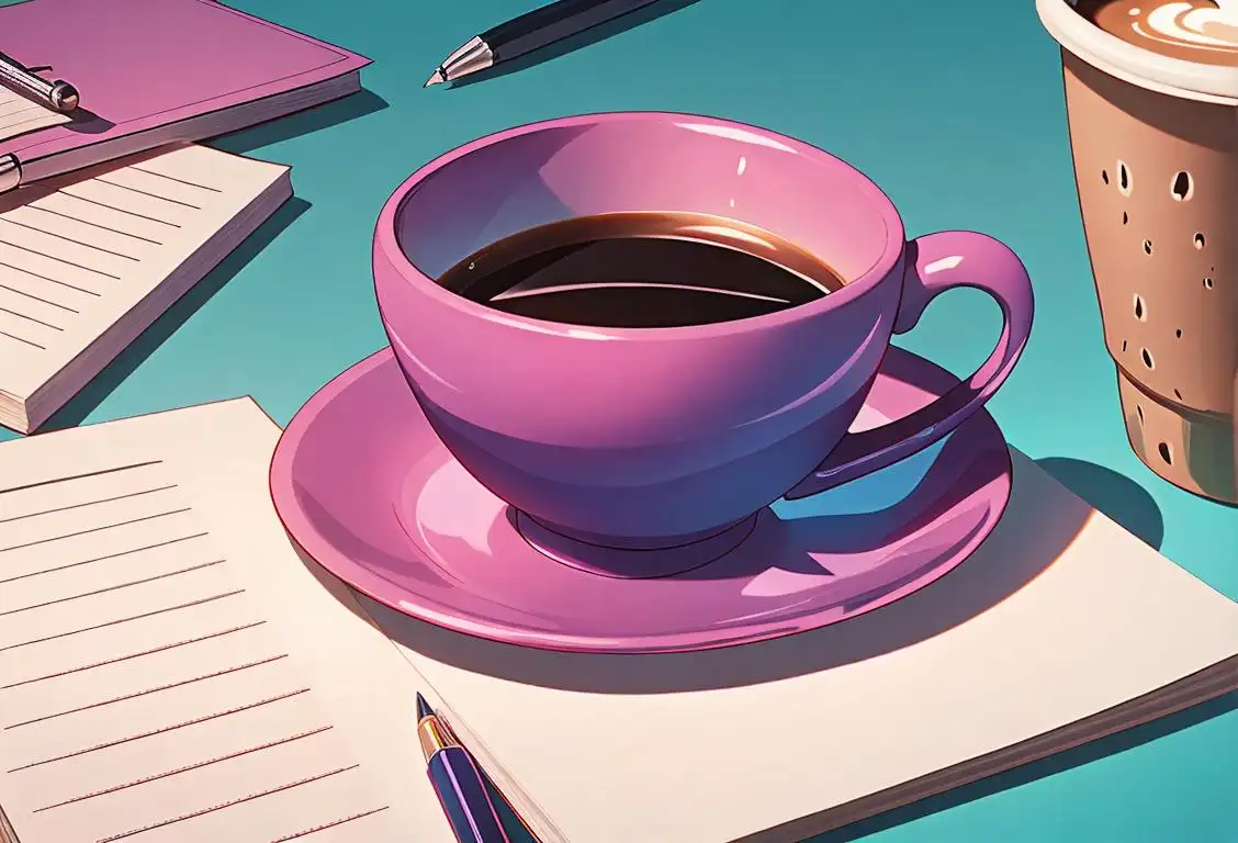 A hand holding a ballpoint pen, surrounded by a stack of colorful notepads and a cup of coffee..