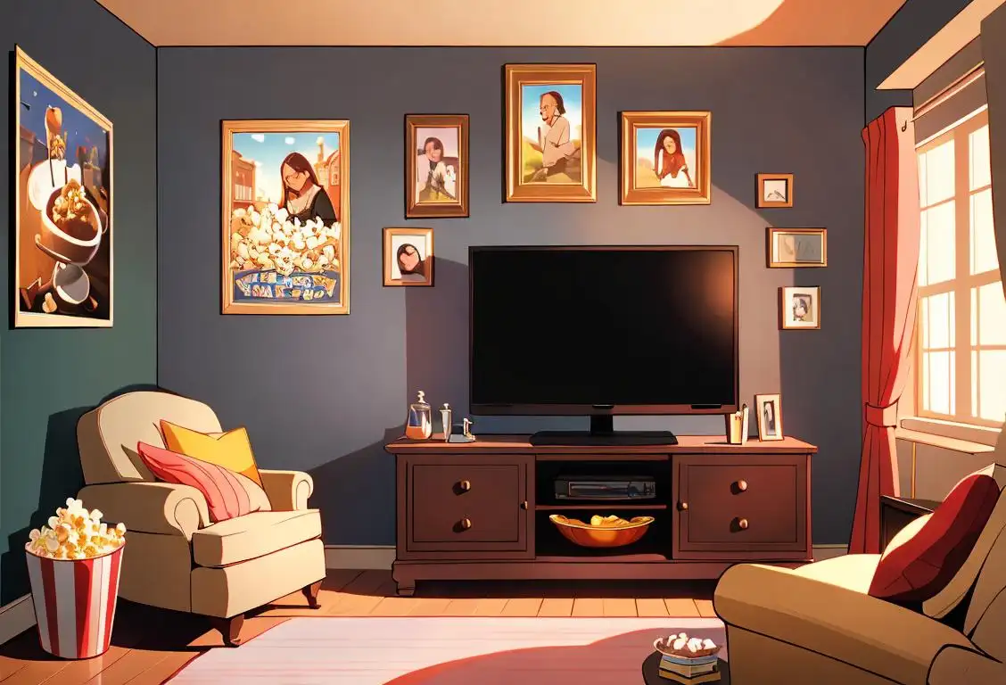 Cozy living room with a blanket fort, big bowl of popcorn, and a variety of TV show posters on the wall..