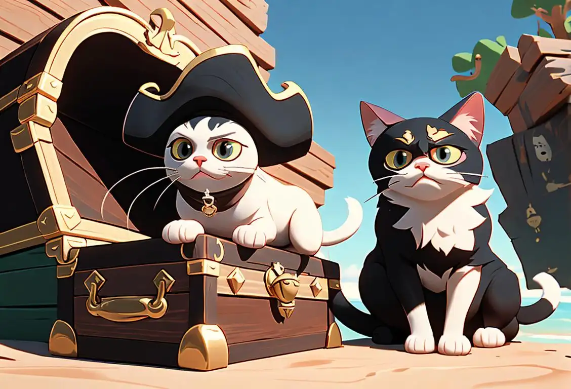 A playful cat wearing an eye patch and a pirate hat, sitting on a treasure chest in a whimsical, coastal setting..