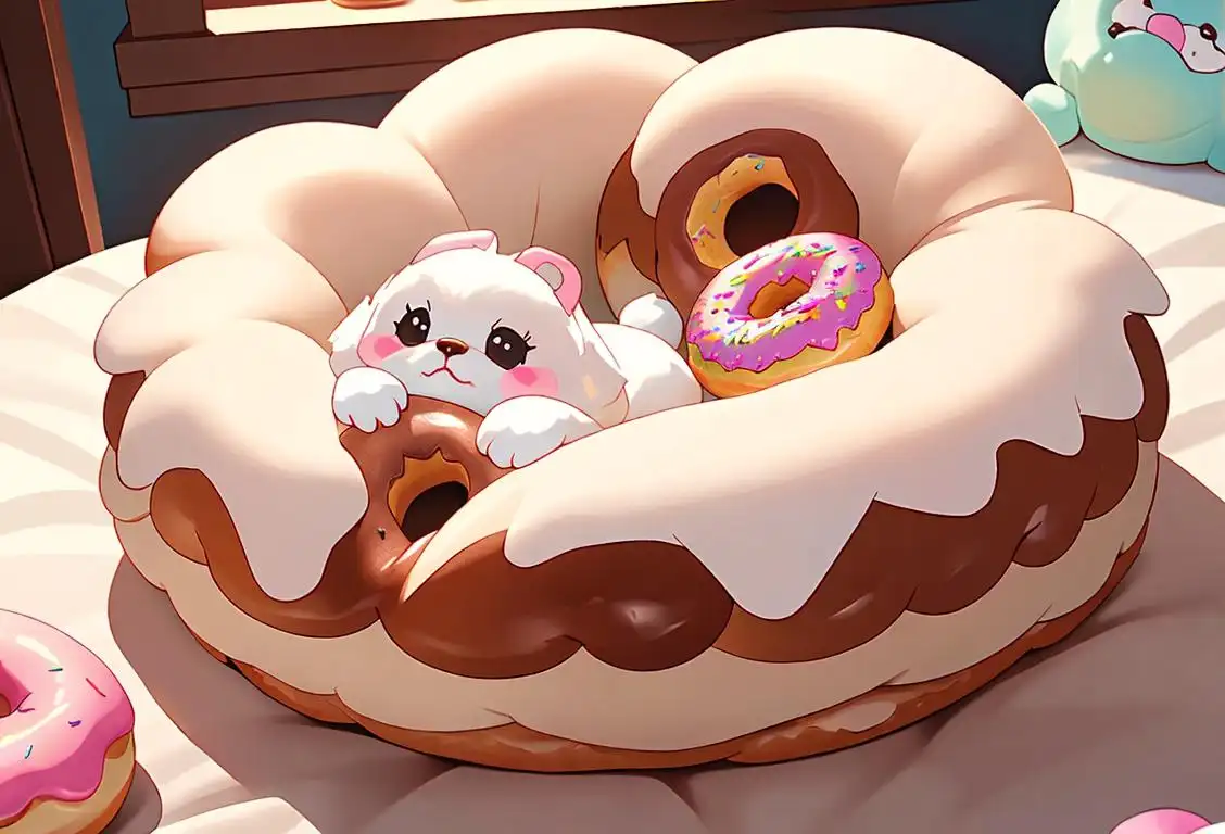A cute donut-shaped pet bed surrounded by fluffy stuffed animals, set against a cozy home interior with colorful decorations..
