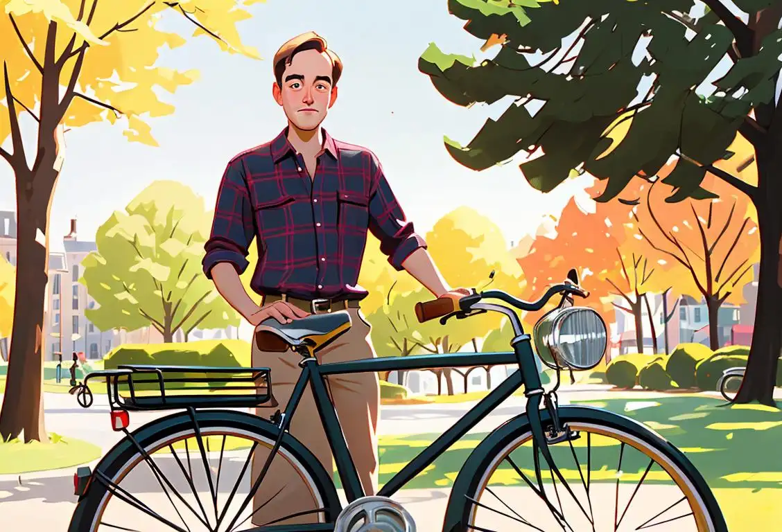 Young man named Bob, wearing a plaid shirt, surrounded by vintage bicycles in a sunny park..