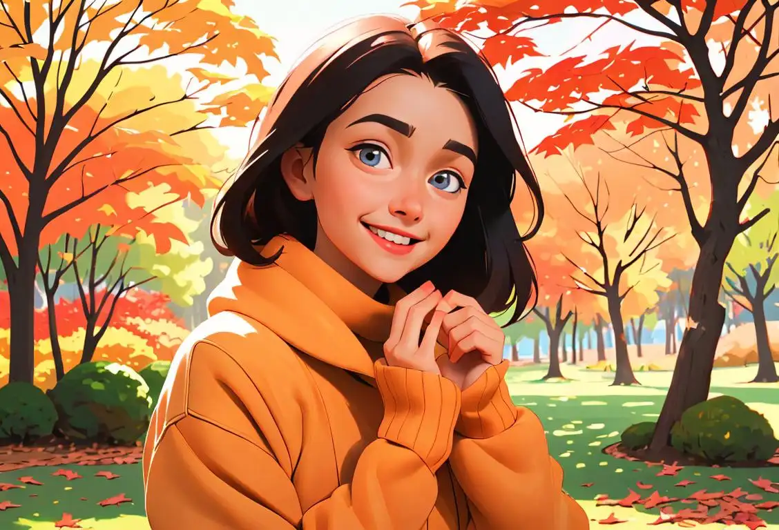 Young girl, smiling and wearing a cozy sweater, surrounded by nature with colorful autumn leaves, representing National Lives Every Single Day..