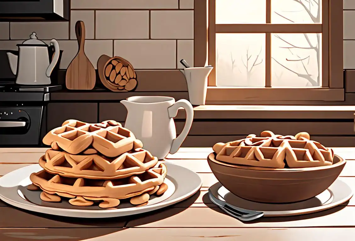 A happy individual savoring a stack of oatmeal nut waffles, dressed in cozy winter attire, sitting at a rustic wooden table in a cozy farmhouse kitchen..
