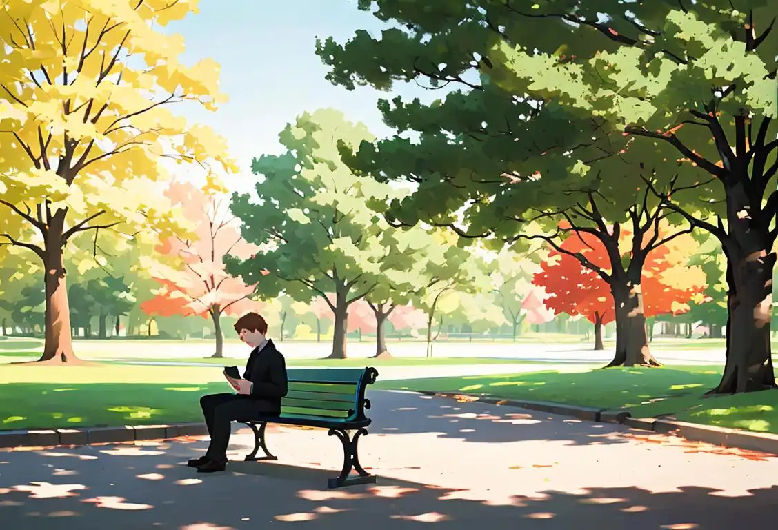 A peaceful scene of a lone figure sitting on a park bench, surrounded by trees, with a book in hand..