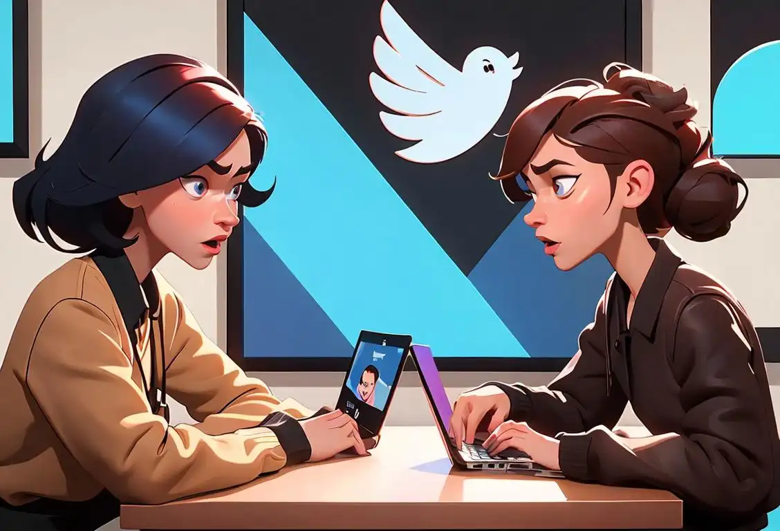 A diverse group of people engaging in a lively virtual battle on Twitter, with trending hashtags, animated gifs, and intense expressions of disagreement. Some are wearing trendy street fashion, others are using laptops in coffee shop settings..