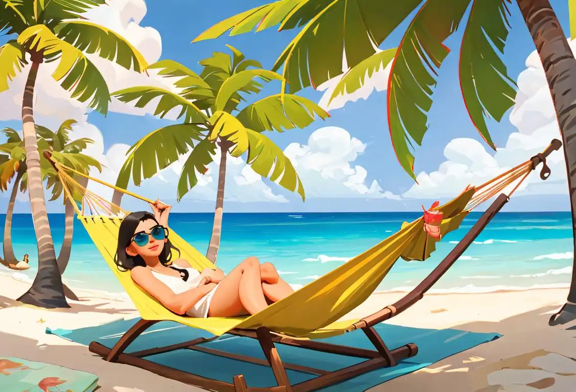 A carefree individual lounging on a hammock, wearing flip-flops and sunglasses, surrounded by beach vibes and palm trees..