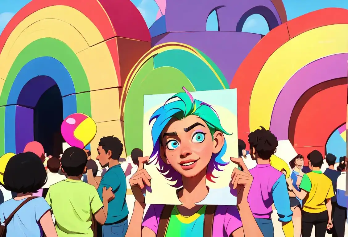 Young person wearing a vibrant rainbow-colored outfit, proudly holding a sign saying 'Coming Out', surrounded by a diverse group of supportive friends in a lively city setting.