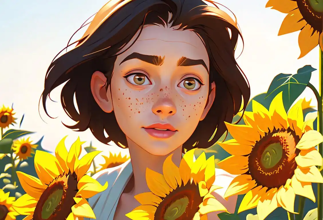Young woman with natural, glowing skin, embracing her freckles, wrinkles, and unruly hair. Radiating confidence and self-love, surrounded by a garden of sunflowers..