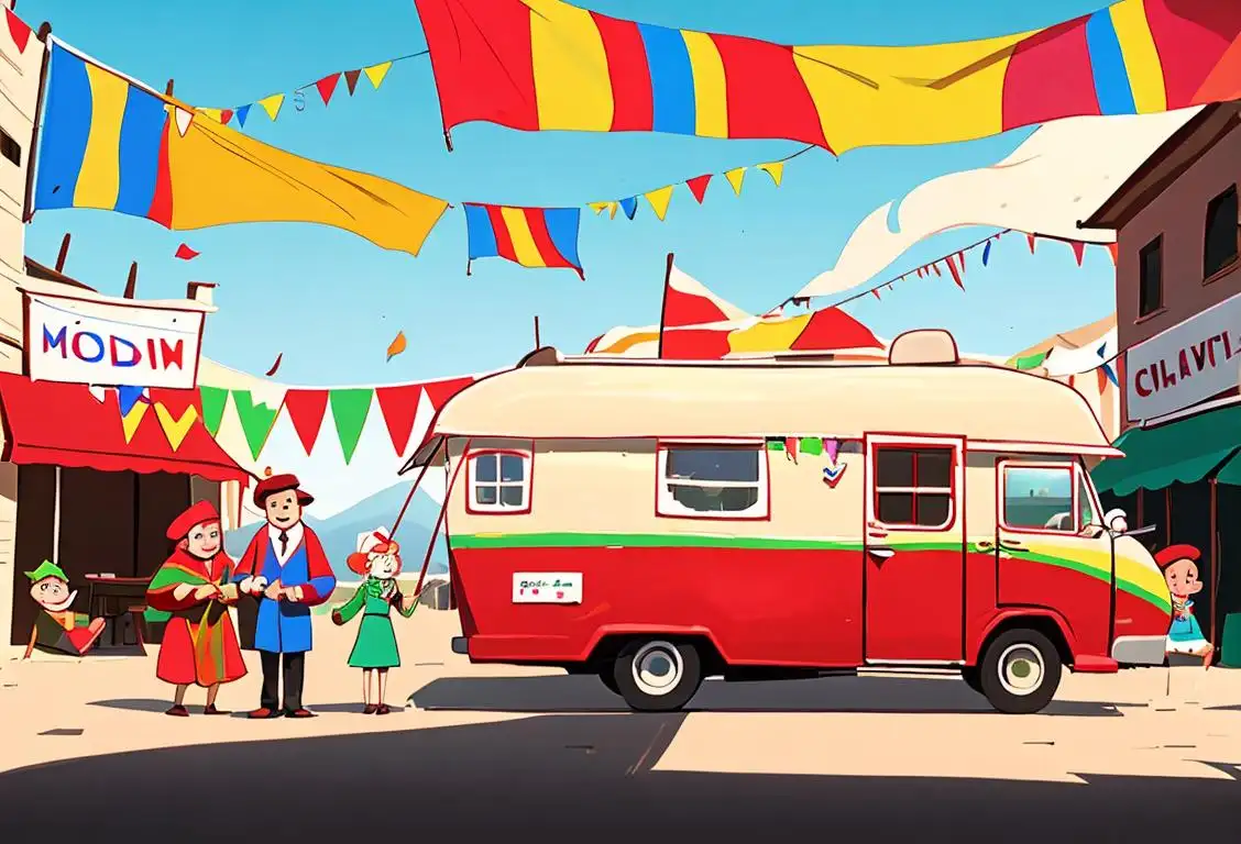 Young family in a colorful caravan, waving flags, election-themed decorations, surrounded by a festive crowd..