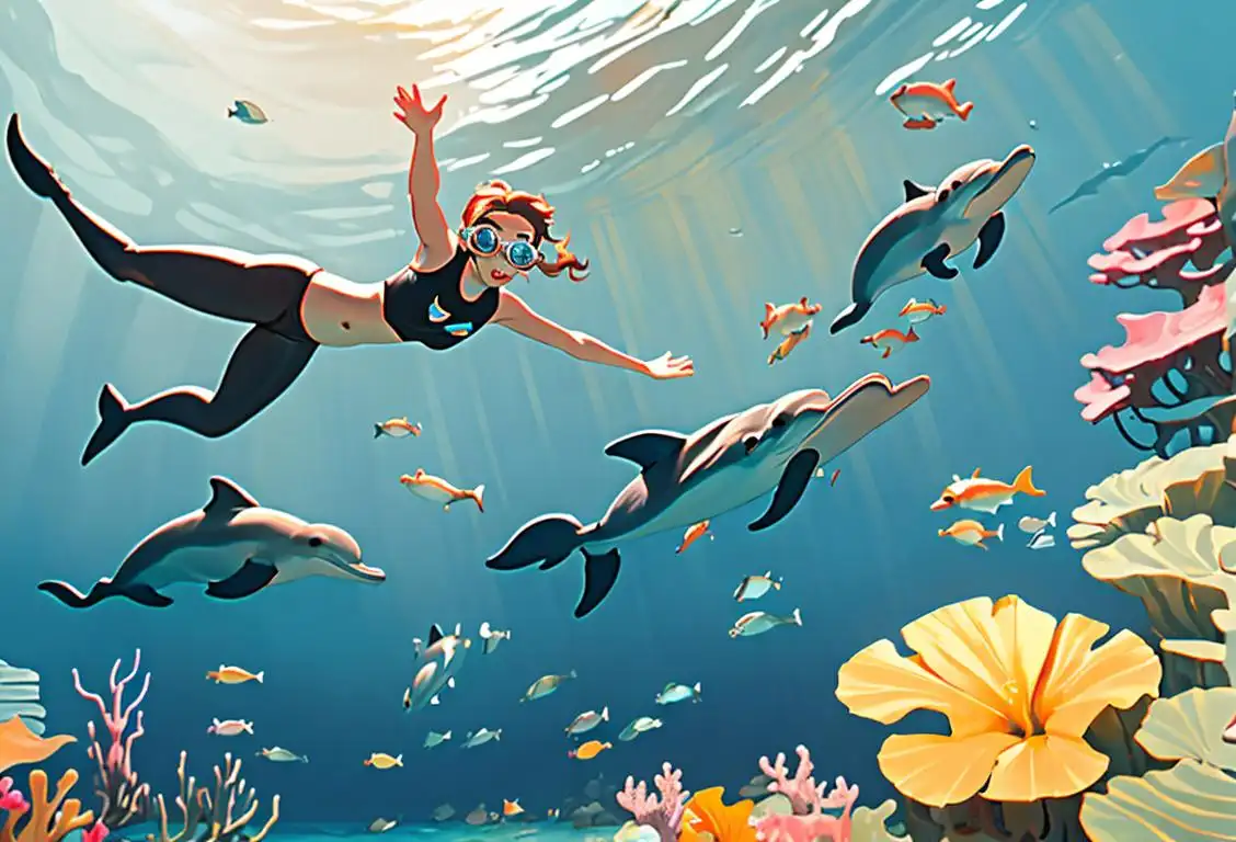 Sucessful young woman, wearing a snorkel and flippers, swimming with dolphins in a tropical seascape..