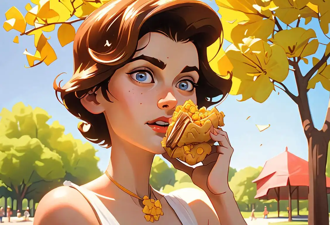 Young woman holding a crunchy buttercrunch treat, dressed in a retro 1950s fashion, enjoying a sunny park scene..
