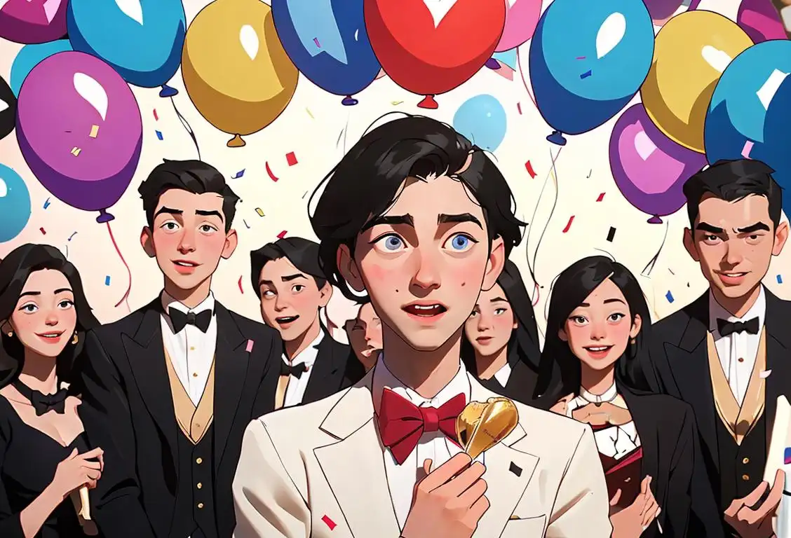 Young person holding a winning lottery ticket, surrounded by confetti and balloons, dressed in formal attire, celebrating with friends in a luxurious setting..