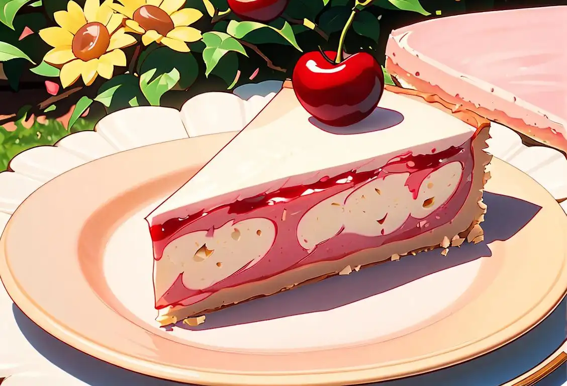 A slice of cherry cheesecake on a delicate plate, with a backdrop of a sunny garden and a charming picnic setting..