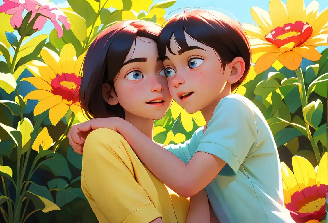 Two siblings, a brother and sister, playfully hugging each other in a sunny park, dressed in casual and colorful outfits, surrounded by blooming flowers..