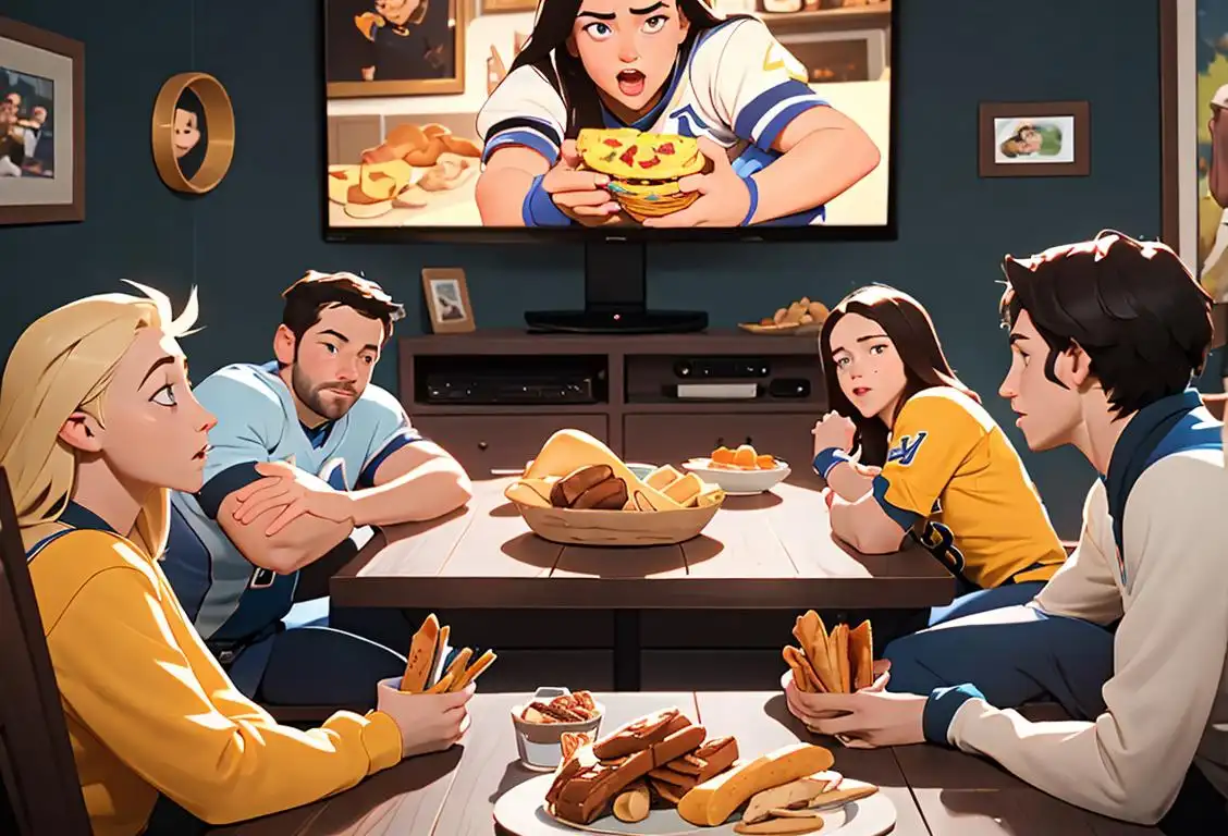 A group of friends in team jerseys, gathered around a TV, with a table full of delicious game day snacks, creating a cozy and exciting atmosphere at home..