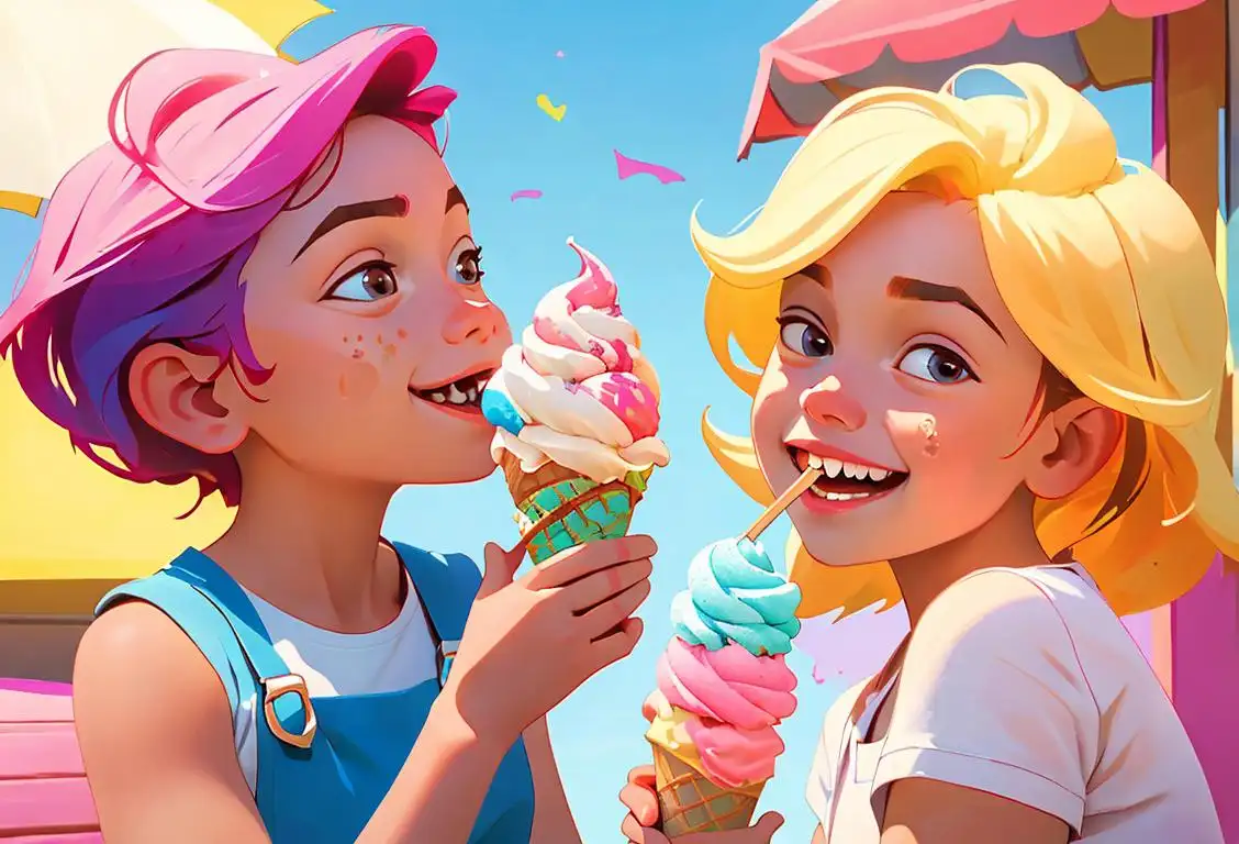 Delighted children enjoying ice cream cones, wearing colorful summer outfits, at a vibrant and fun-filled ice cream parlor..
