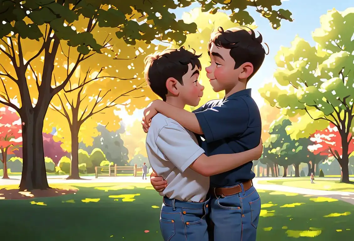 A heartwarming image of a father and child embracing each other in a park. The father is wearing a casual shirt and jeans, showcasing his down-to-earth style. They are surrounded by beautiful trees and sunlight, symbolizing the love and strength that fathers bring into our lives. It captures the essence of National Daddy Day, celebrating the special bond between fathers and their children in a peaceful and natural setting..