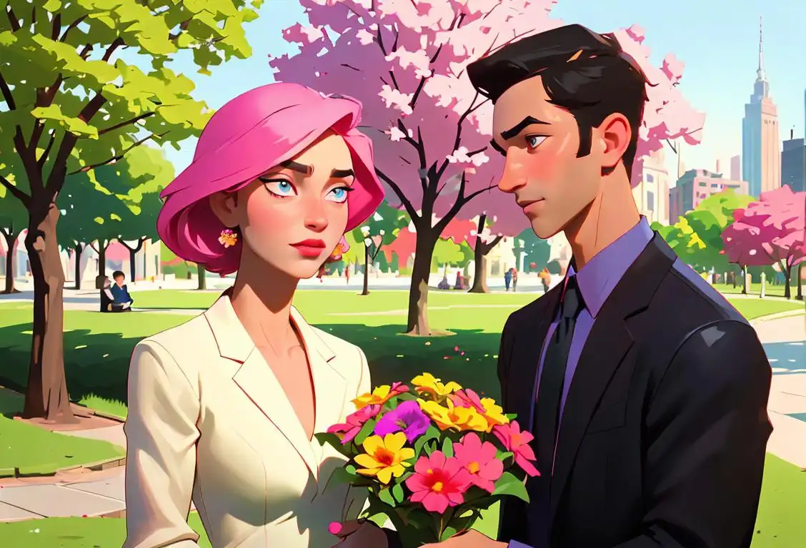 Young man and woman making eye contact in a park, dressed in fashionable attire, urban cityscape, holding a bouquet of colorful flowers..
