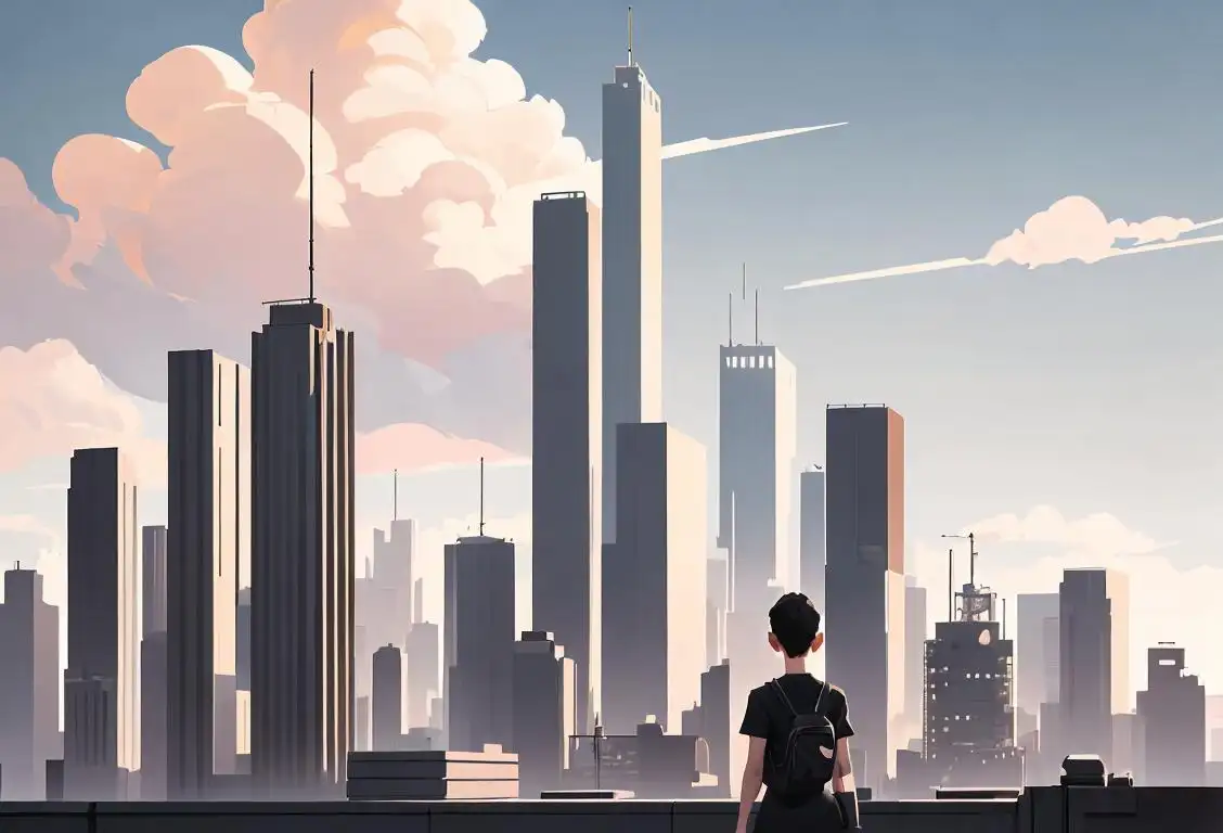 Young adult holding a sleek, modern product design, minimalist fashion, urban cityscape with towering sky scrapers..
