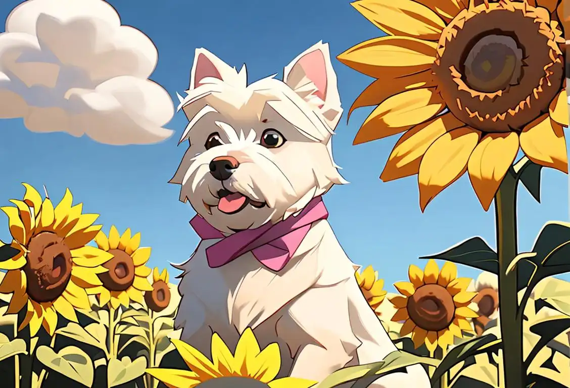 A cute West Highland White Terrier posing in a sunflower field, wearing a stylish bandana, capturing the essence of National Westie Day. The dog is surrounded by a group of happy children, also wearing bandanas, enjoying a sunny picnic in a park..