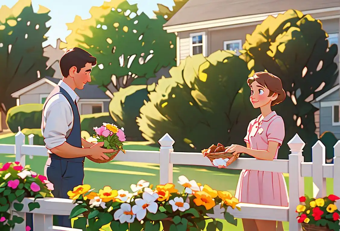 Two friendly neighbors chatting over a white picket fence, one with a bouquet of flowers and the other holding a basket of fresh-baked cookies, suburban neighborhood setting..