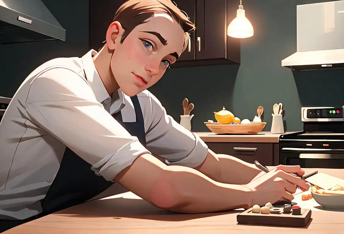 A person in casual attire holding a reset button, with scenes of work, kitchen, and social settings in the background..