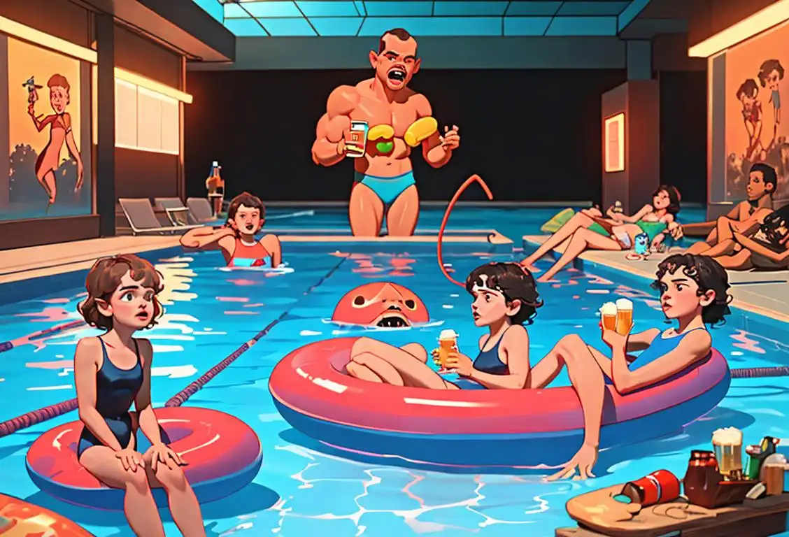 A group of friends in swimsuits, holding beer bottles, sitting on pool floats shaped like demogorgons, watching Stranger Things on a big screen..