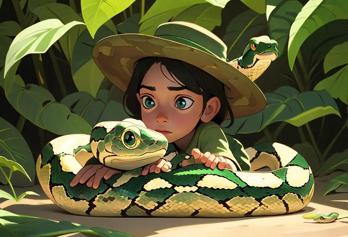 A child holding a snake, wearing a safari hat, surrounded by lush green foliage..