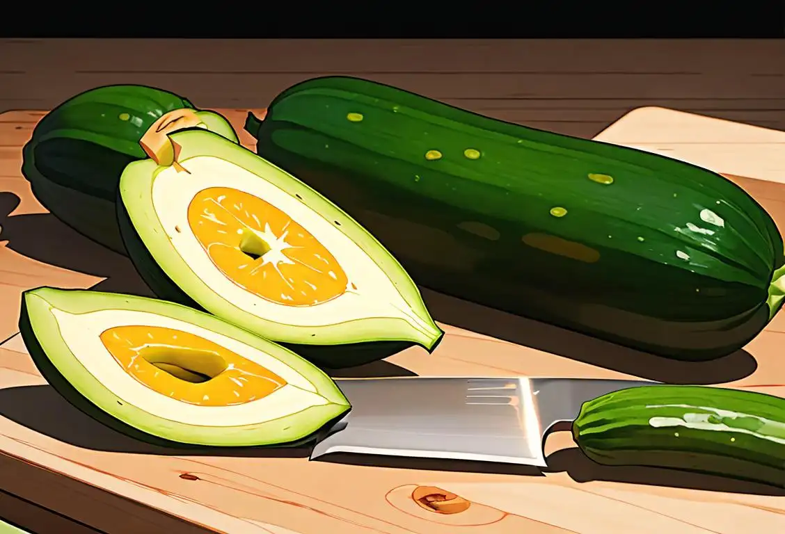 Fresh zucchinis arranged artistically on a wooden cutting board, with a chef's knife nearby and a vibrant kitchen backdrop..