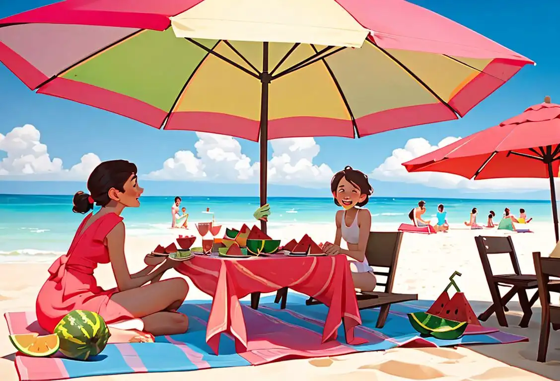Happy individuals enjoying delicious slices of watermelon outdoors, dressed in casual summer attire, surrounded by a lively picnic setting with colorful umbrellas, beach towels, and smiling faces..
