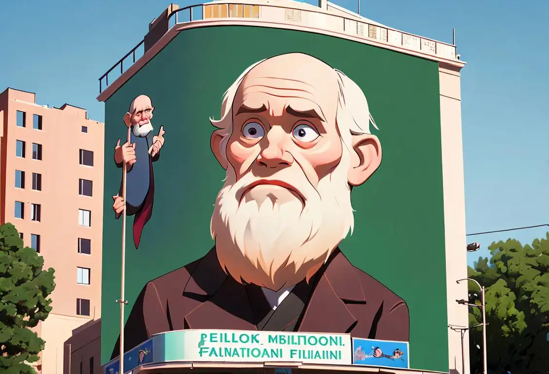 A billboard with a colorful celebration of science and evolution featuring symbols of freedom, knowledge, and Charles Darwin's iconic image..