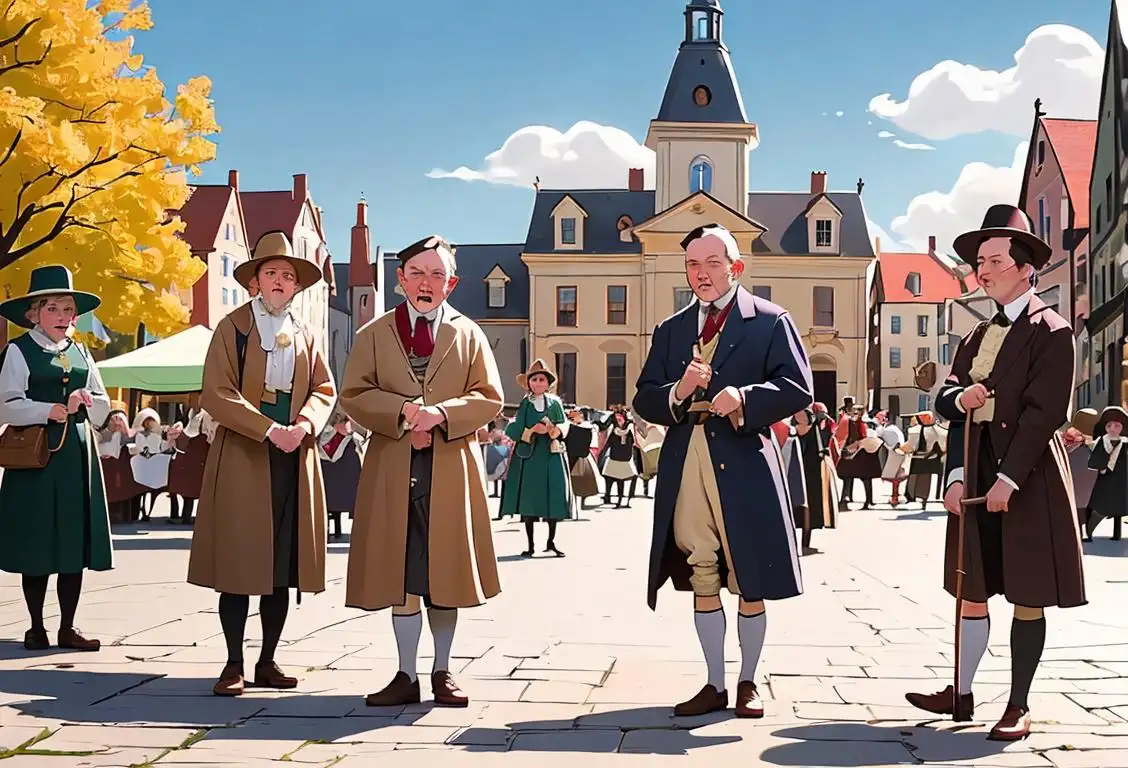 A group of people dressed in period costumes, celebrating National History Day with a lively reenactment in a historic town square..
