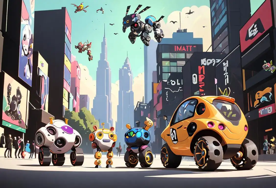 Colorful collage of various types of robots -- humanoid, animal-shaped, and mechanical -- against a futuristic backdrop. The robots are wearing trendy clothes and accessories, showcasing their unique fashion styles. The scene is set in a bustling city with futuristic buildings and flying cars, symbolizing the integration of robots into our daily lives..