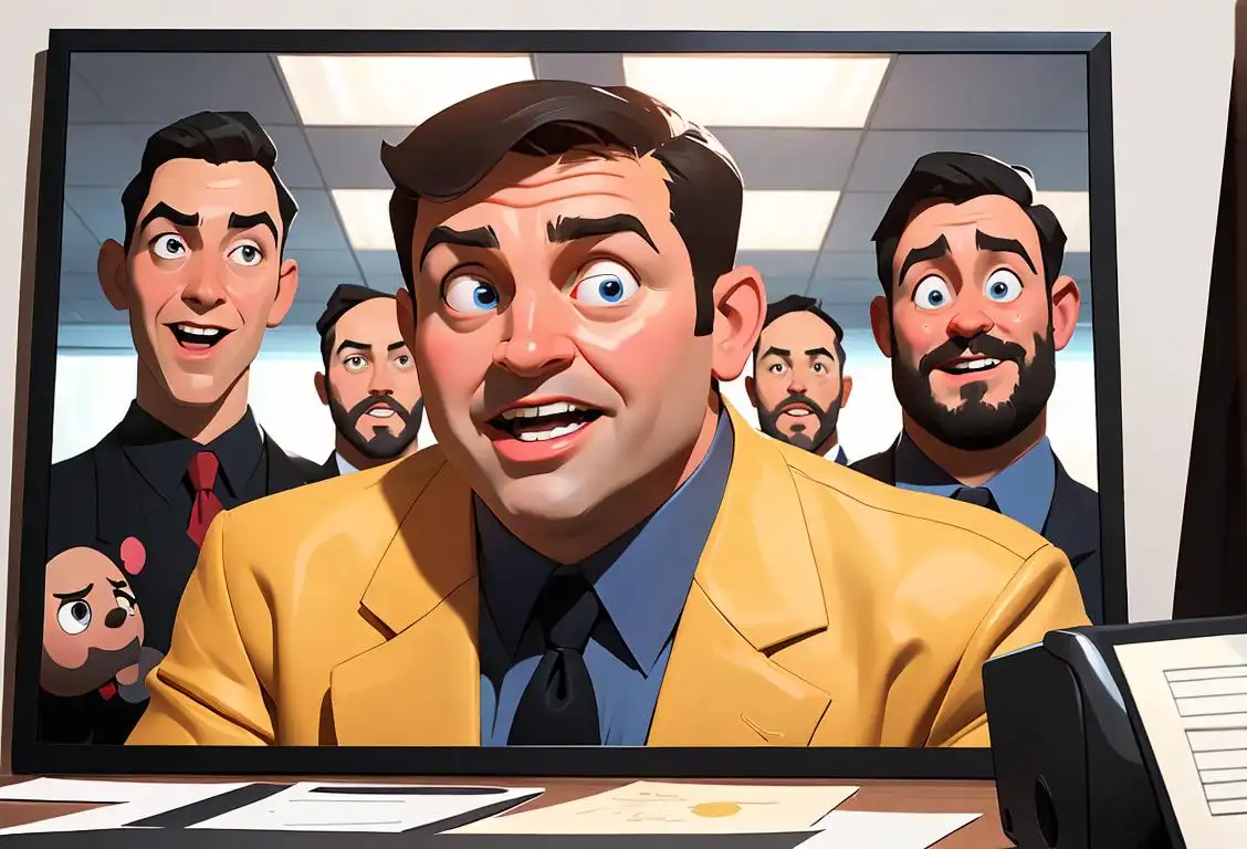 An office scene with a cheery boss surrounded by enthusiastic employees, dressed in professional attire, with motivational posters on the walls..