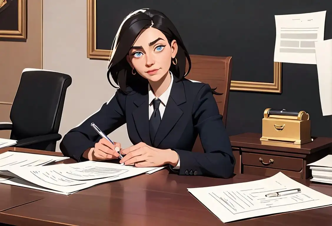 A friendly notary-style individual, wearing professional office attire, sitting at a desk, surrounded by legal documents..