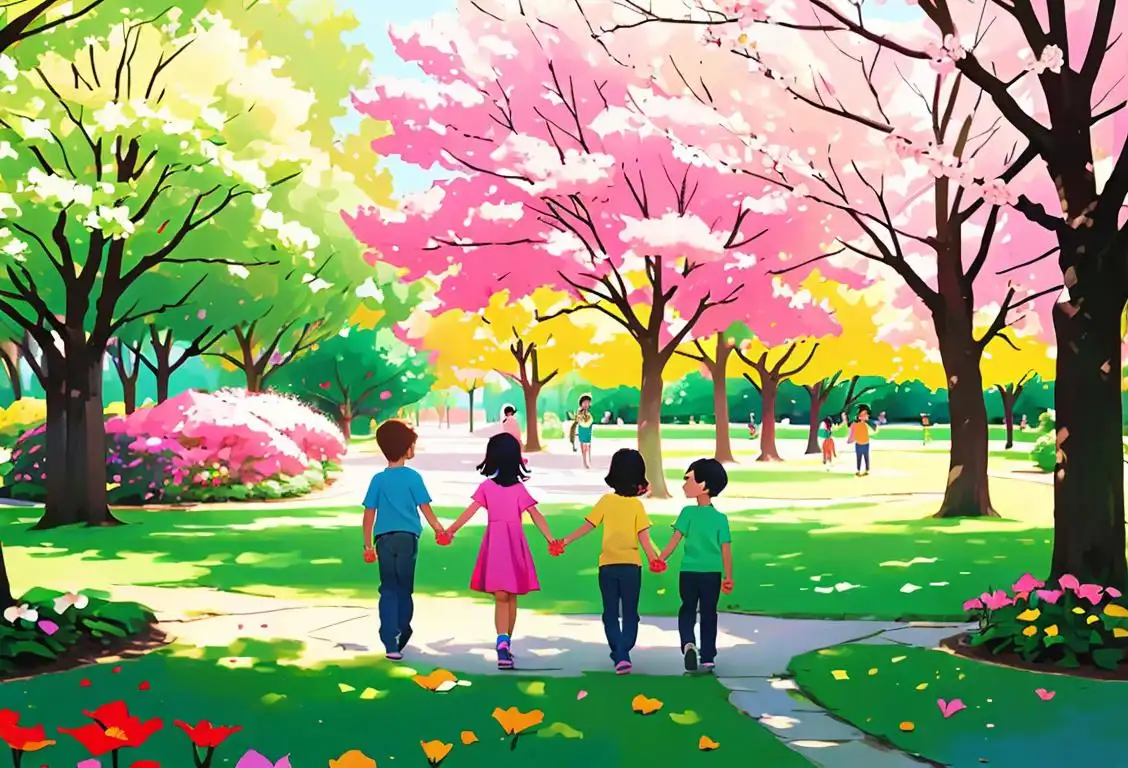 A group of diverse children holding hands and wearing puzzle piece bracelets, standing in a park surrounded by colorful blooming flowers..