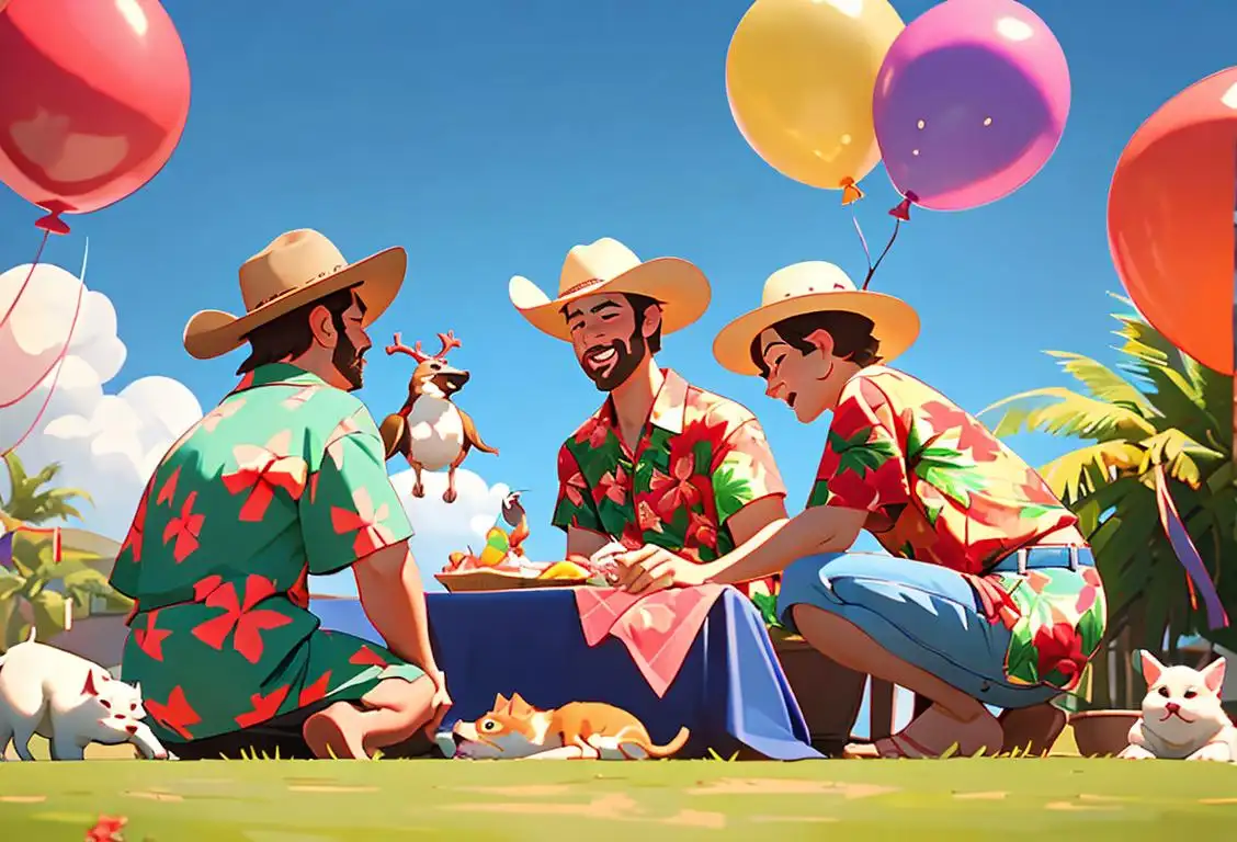 A group of people named Greg, including pets, gathered together for a festive celebration. Some wearing Hawaiian shirts, others in cowboy hats, with a backyard picnic scene and balloons..