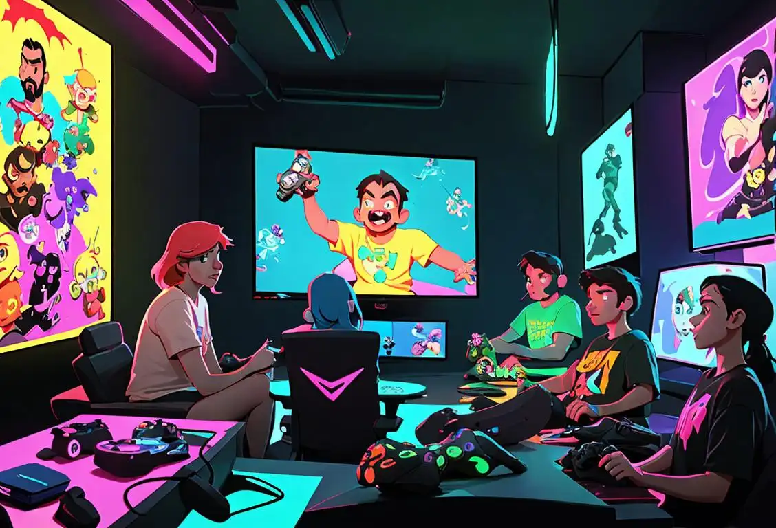 A group of diverse gamers huddled around a TV screen with controllers in hand, wearing gaming-themed t-shirts, with a colorful room filled with posters and neon lights..