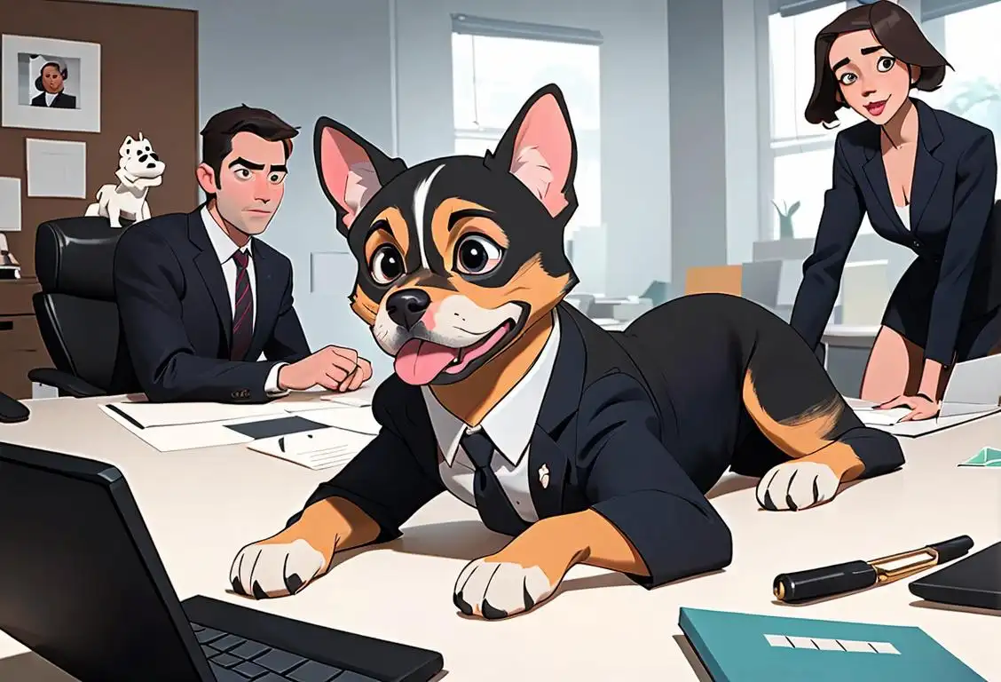 An office setting with a diverse group of professionals happily working alongside their furry companions, wearing business attire in different styles..