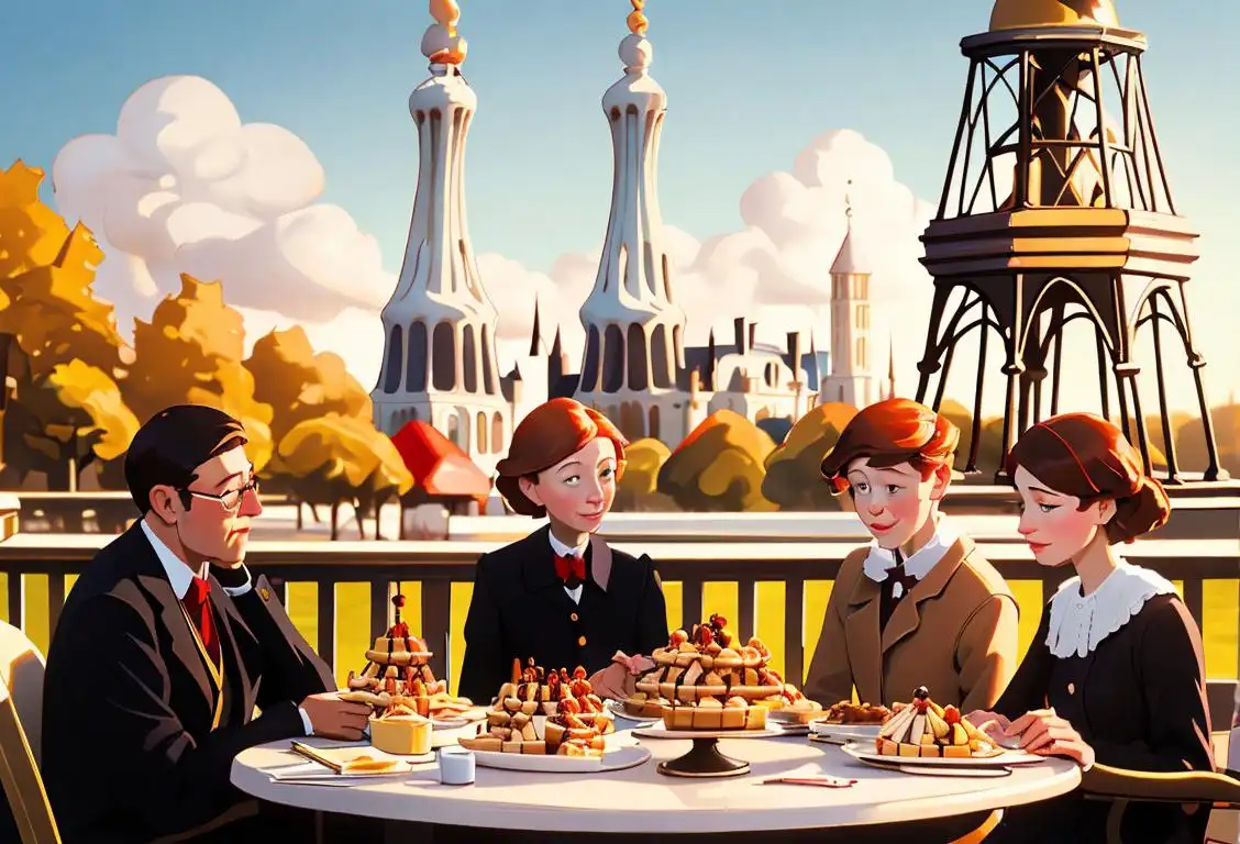 A group of people enjoying delicious Belgian waffles, dressed in traditional Belgian attire, with the iconic Atomium in the background..