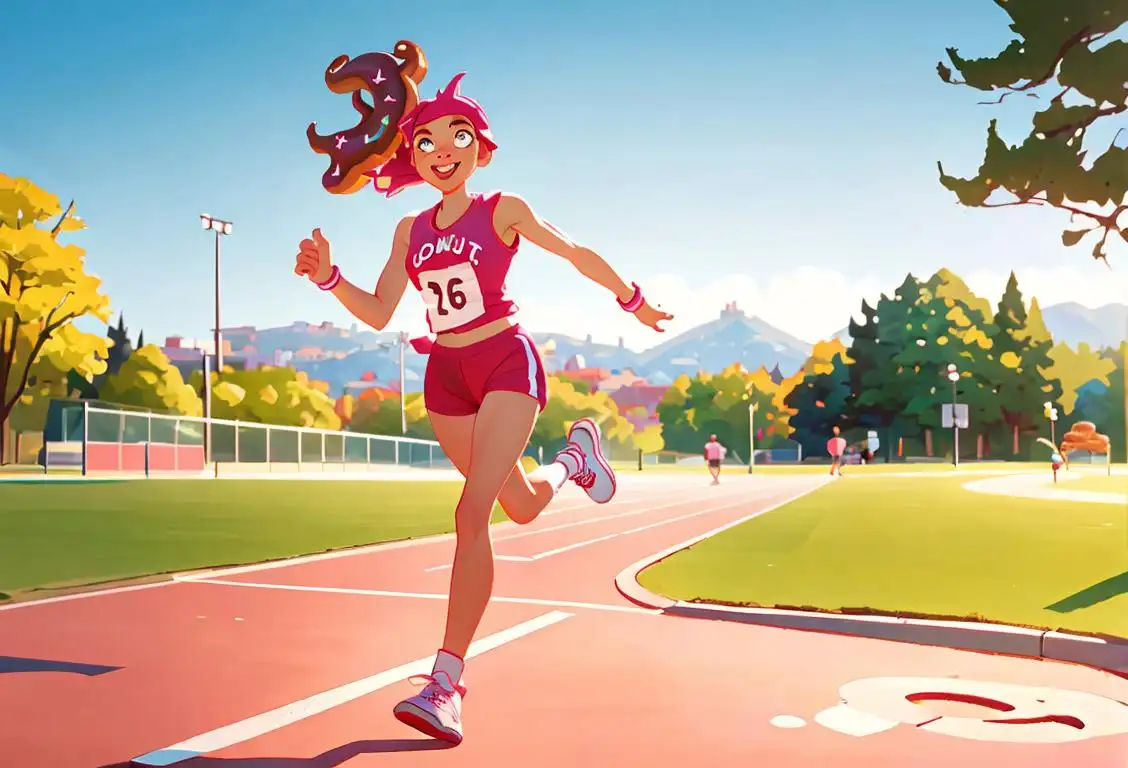 A cheerful runner, donut in hand, in athletic attire, surrounded by a scenic park backdrop..
