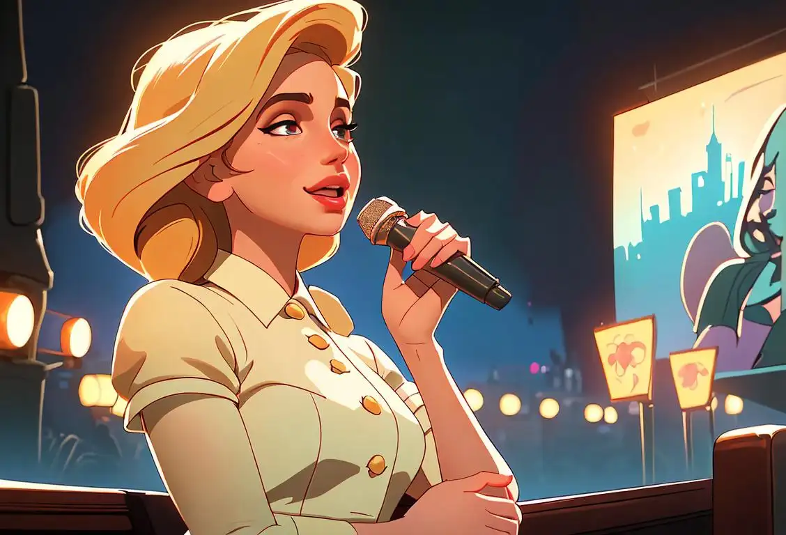 A young woman, with a warm smile on her face, wearing a vintage-inspired outfit, is singing along to Lana Del Rey's National Anthem. The scene is set against a backdrop of colorful city lights in the evening..