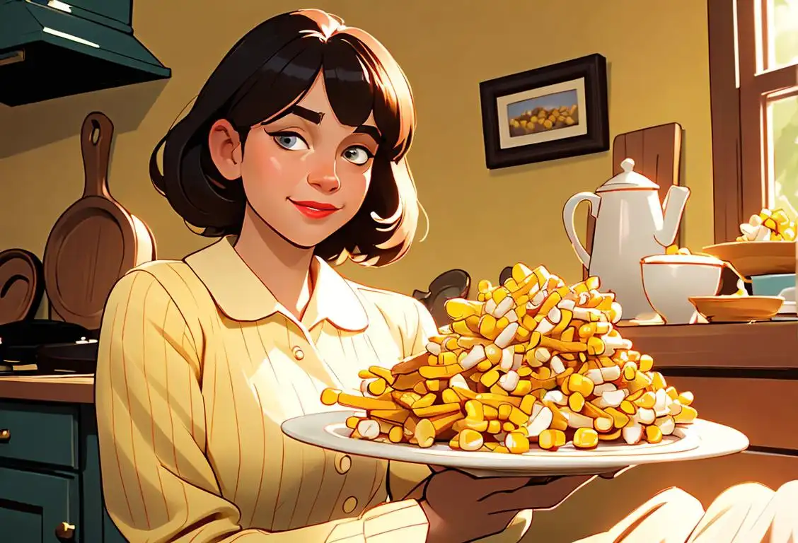 A person enjoying a plate of crispy corn fritters, dressed in a cute vintage outfit, surrounded by a cozy kitchen ambiance..