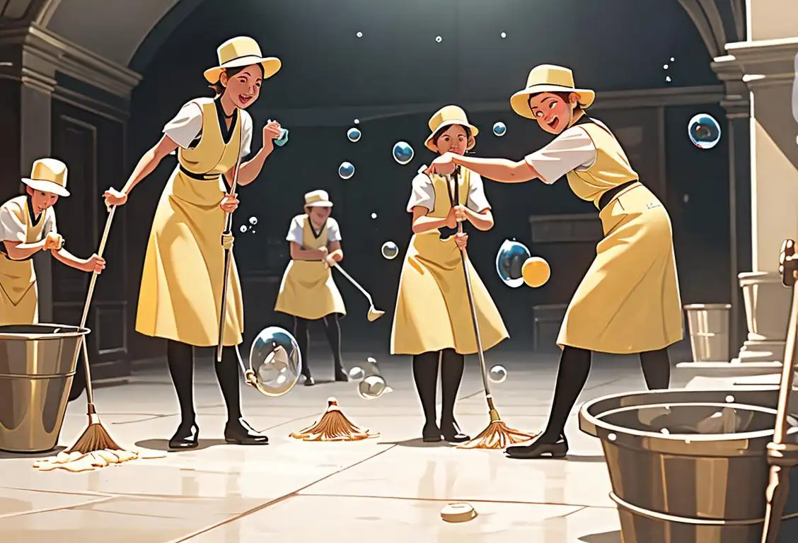 Joyful cleaning crew in matching uniforms, using mops and buckets, surrounded by bubbles and sparkling surfaces..